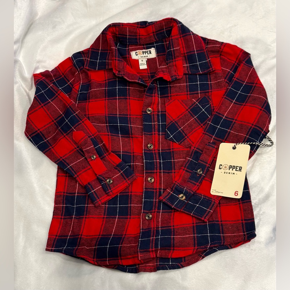 Copper Kids Red and Navy Plaid Button Down Shirt